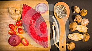 Top view Fresh fish fillet on a cutting board.