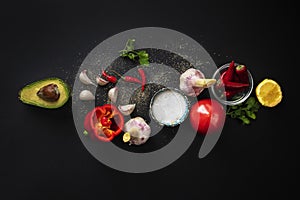 top view of fresh guacamole ingredients, natural organic vegetables on the table, home cookings