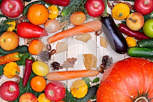 Top view of fresh harvested vegetables, fruits, herbs. copyspace