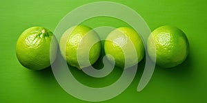 Top View of Fresh Limes on Green Minimalist Background. Juicy Citrous Refreshment. Citrus Natural Fruit. Generative AI photo