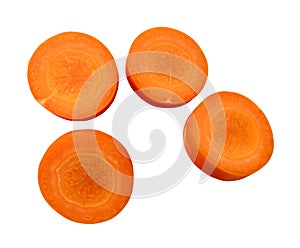 Top view of fresh orange carrot slices in set isolated on white background with clipping path