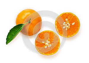 Top view fresh orange fruit with green leaf isolation on white background.