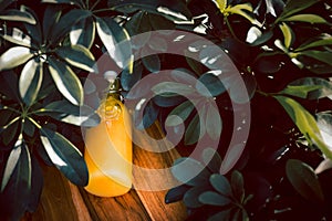 Top view fresh orange juice in a glass bottle lies on a wooden background.