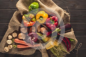 Fresh picked vegetables on sacking