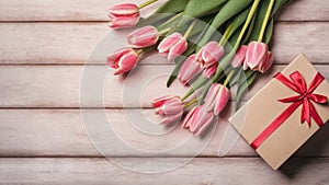 top view of fresh pink tulip flowers and gift box on table