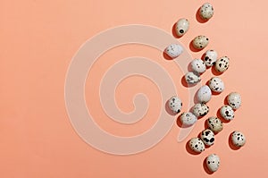 Top view of fresh quail eggs on the orange background.Bright and sunny