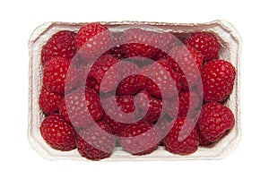 Top view of fresh raspberries isolated on white background