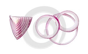 Top view of fresh red or purple onion ring slices isolated on white background with clipping path