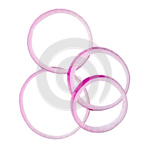 Top view of fresh red or purple onion ring slices isolated on white background with clipping path