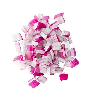 Top view of fresh red or purple onion slices or pieces in stack isolated on white background with clipping path