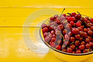 Top view of Fresh Ripe cherries in bowl on table background. Summer fruit. Healthy food concept. Copy space, top view