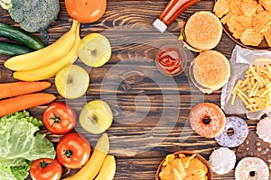 top view of fresh ripe fruits with vegetables and assorted junk food