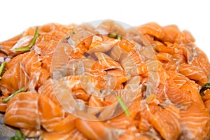 Top view of fresh salmon sliced, focus selective