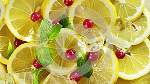 Top view of fresh sliced lemon, mint, berry and ice rotation. Close up.