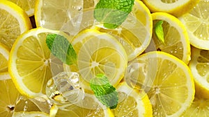 Top view of fresh sliced lemon, mint and ice rotation. Close up.