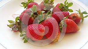 Top view of fresh strawberries in plate on rustic white wood background