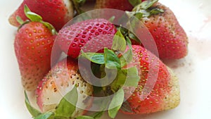 Top view of fresh strawberries in plate on rustic white wood background