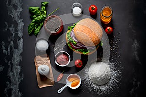 A top view of fresh and tantalizing burger ingredients, ready to be assembled into a mouthwatering masterpiece