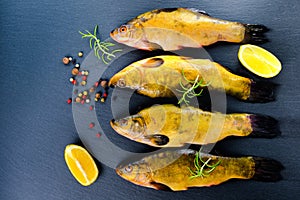 Top view of fresh tench fish with aromatic herbs, spices and vegetables on slate background,