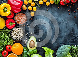 Top view of fresh vegetables, spices and legumes on a dark surface, showing health and energy. Place for inscription.