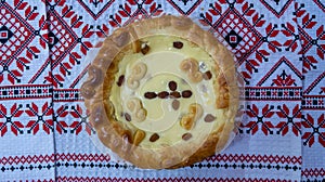 Top view of a freshly baked traditional pasca with raisins for Easter in Romania