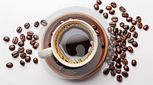 Top View of Freshly Brewed Coffee in Ornate Cup surrounded by Roasted Coffee Beans on White Background