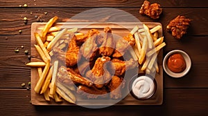Top view of Fried in breaded chicken wings and french fries on wooden table. Generative Ai