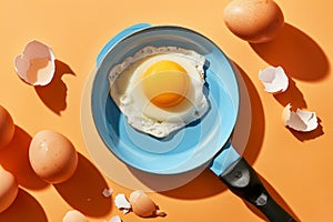 Top view of fried egg on a small frying pan near raw whole eggs and eggshells. Isolated on orange background with strong