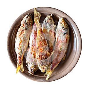 Top view of fried red mullet fish on plate cutout