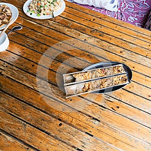 top view of fried rice in bamboo trunk