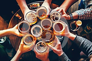 Top view of Friends hands drinking beer at brewery pub restaurant - Friendship concept with people enjoying time together and