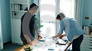 Top view of front-end developer design Ux Ui interface with team. Convocation.