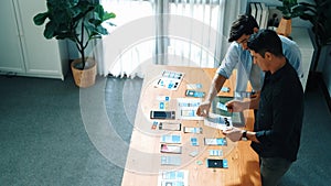 Top view of front-end developer design Ux Ui interface with team. Convocation.