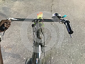 Top view of front side of a bicycle.
