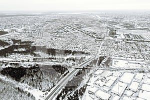 Top view of a frozen winter city