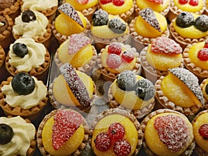 Top view of fruit, cherry tart. Minni tart. Homemade delicious dessert. Copy spac