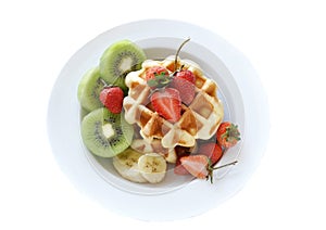 Top view of Fruits Waffle Dish on White Background