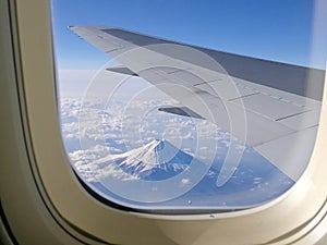 Top view fuji mountain and airplane wing from window seat