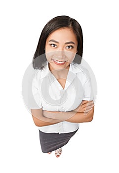 Top view full length portrait of smiling Asian woman isolated