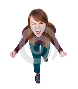 Top view of the furiously screaming, angry woman.