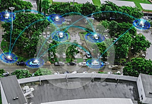 Top view futuristic user interface graphic, intelligent vehicle control Sensing system GPS real time car park communication