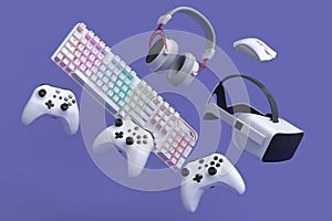 Top view gamer gears like joystick, keyboard, headphones and microphone