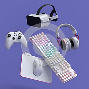 Top view gamer gears like joystick, keyboard, headphones and microphone