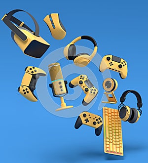 Top view gamer gears like joystick, keyboard, headphones and microphone