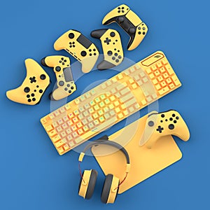 Top view gamer gears like joystick, keyboard, headphones and mouse on blue