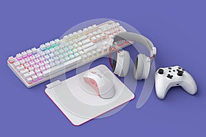 Top view gamer gears like joystick, keyboard, headphones and mouse on violet