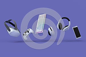 Top view gamer gears like joystick, keyboard, headphones and VR glasses