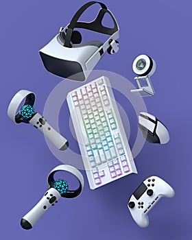 Top view gamer gears like joystick, keyboard, headphones and web camera