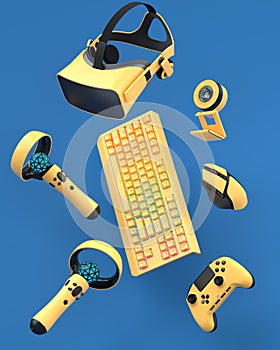 Top view gamer gears like joystick, keyboard, VR controllers and web camera