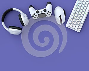 Top view of gamer gears like mouse, keyboard, joystick and headphones on purple